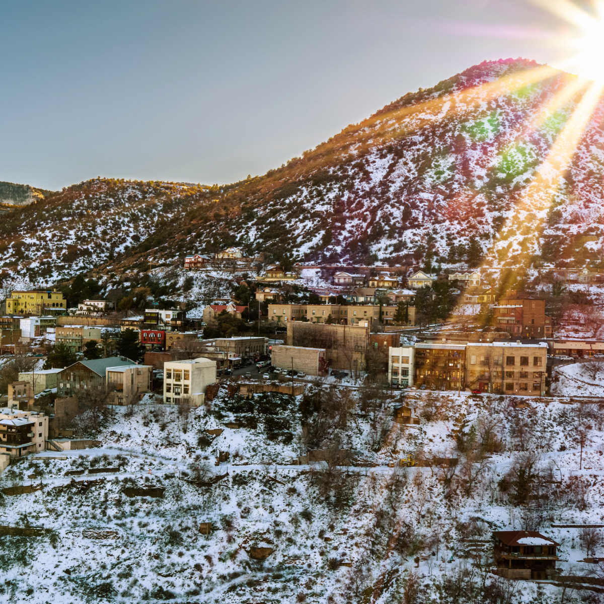 Snow-covered hills in Jerome, AZ