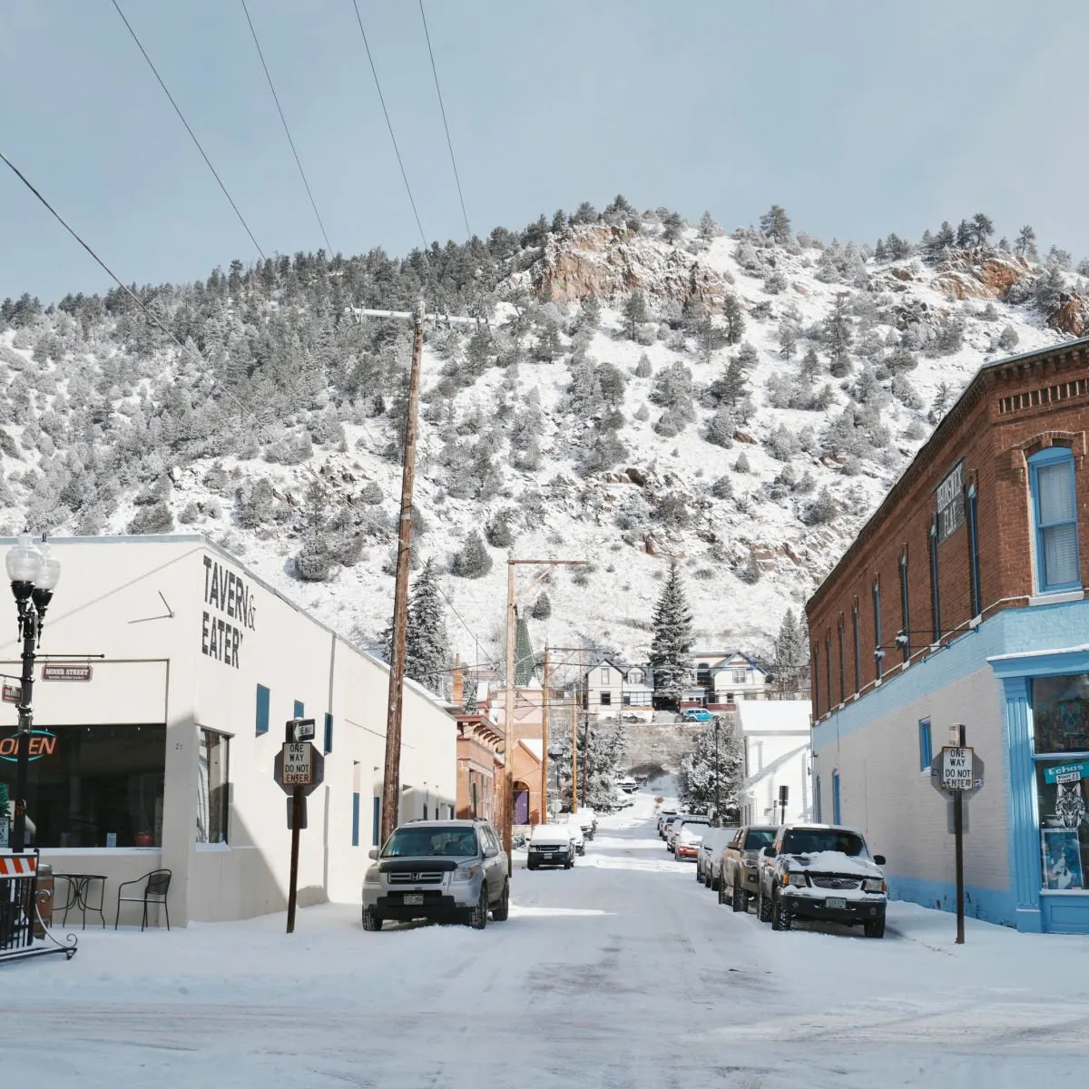 Snow-covered townscape in Idaho Springs, CO