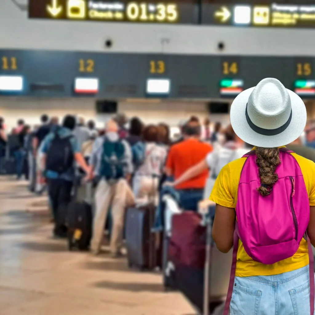 Traveler waiting in long line at airport