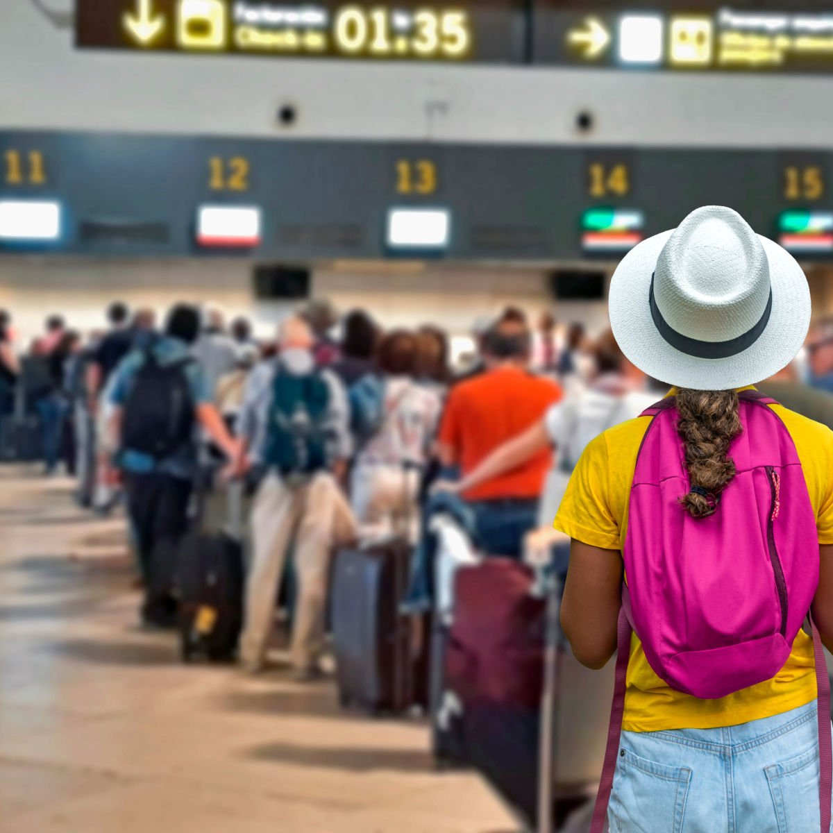 Traveler waiting in long line at airport