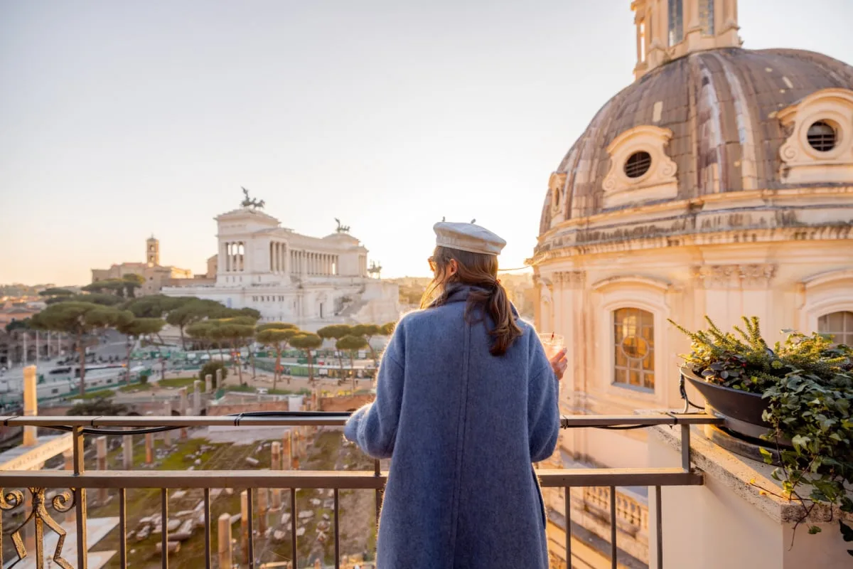 Tourist enjoying views of Rome cityscape