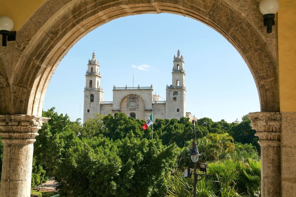 Merida Cathedral Framed By An Arcade. Yucatan Peninsula, Mexico