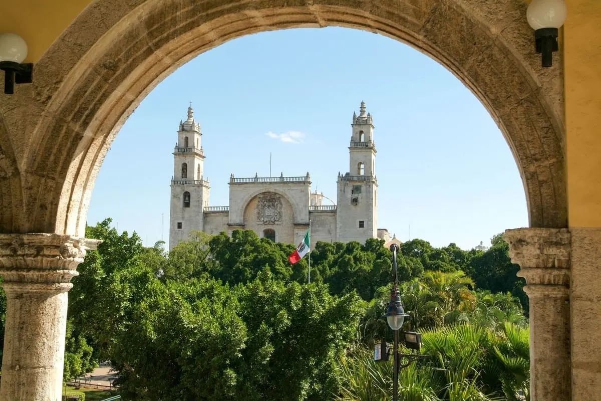 Merida Cathedral Framed By An Arcade. Yucatan Peninsula, Mexico