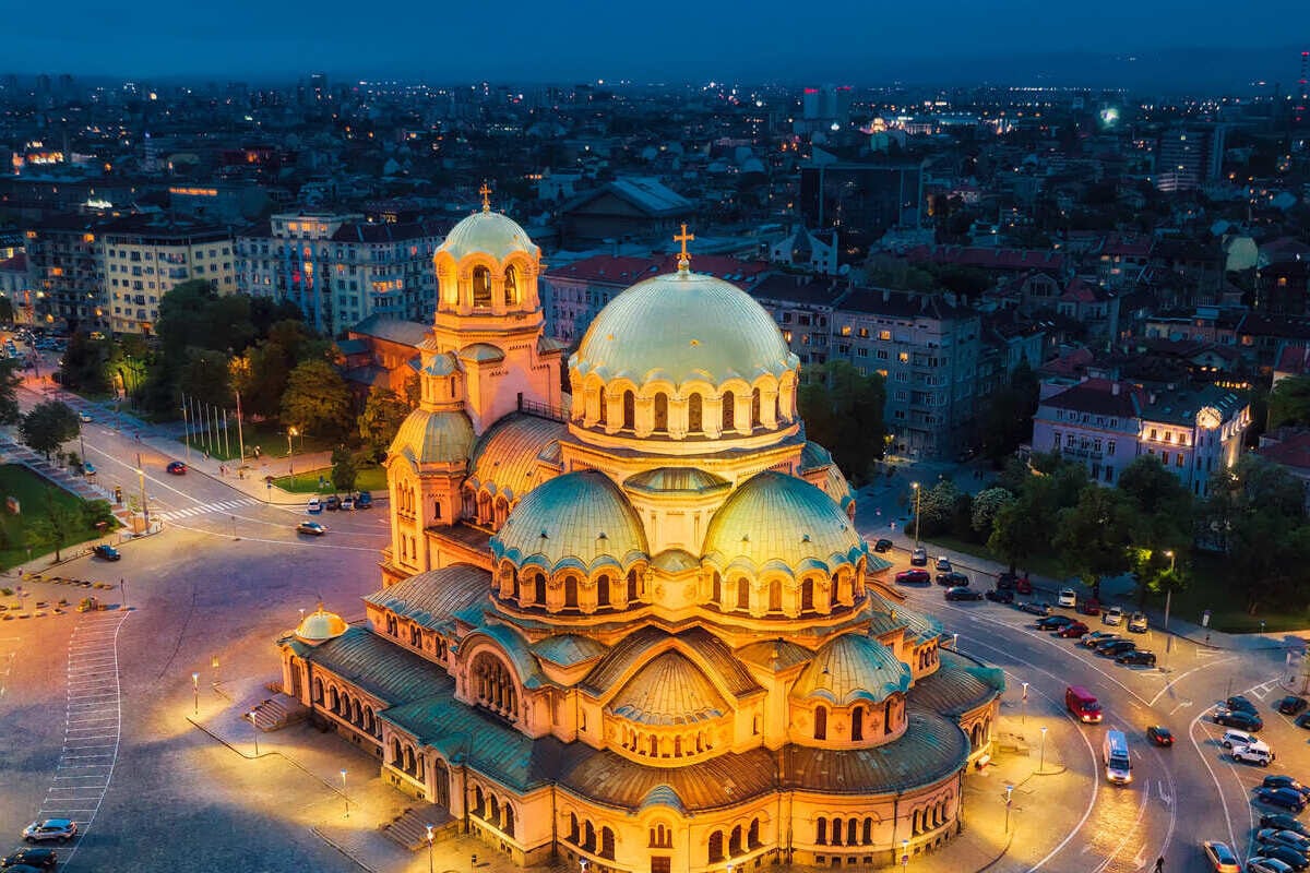 Aerial View Of Alexander Nevksy Cathedral In Sofia, Bulgaria At Night
