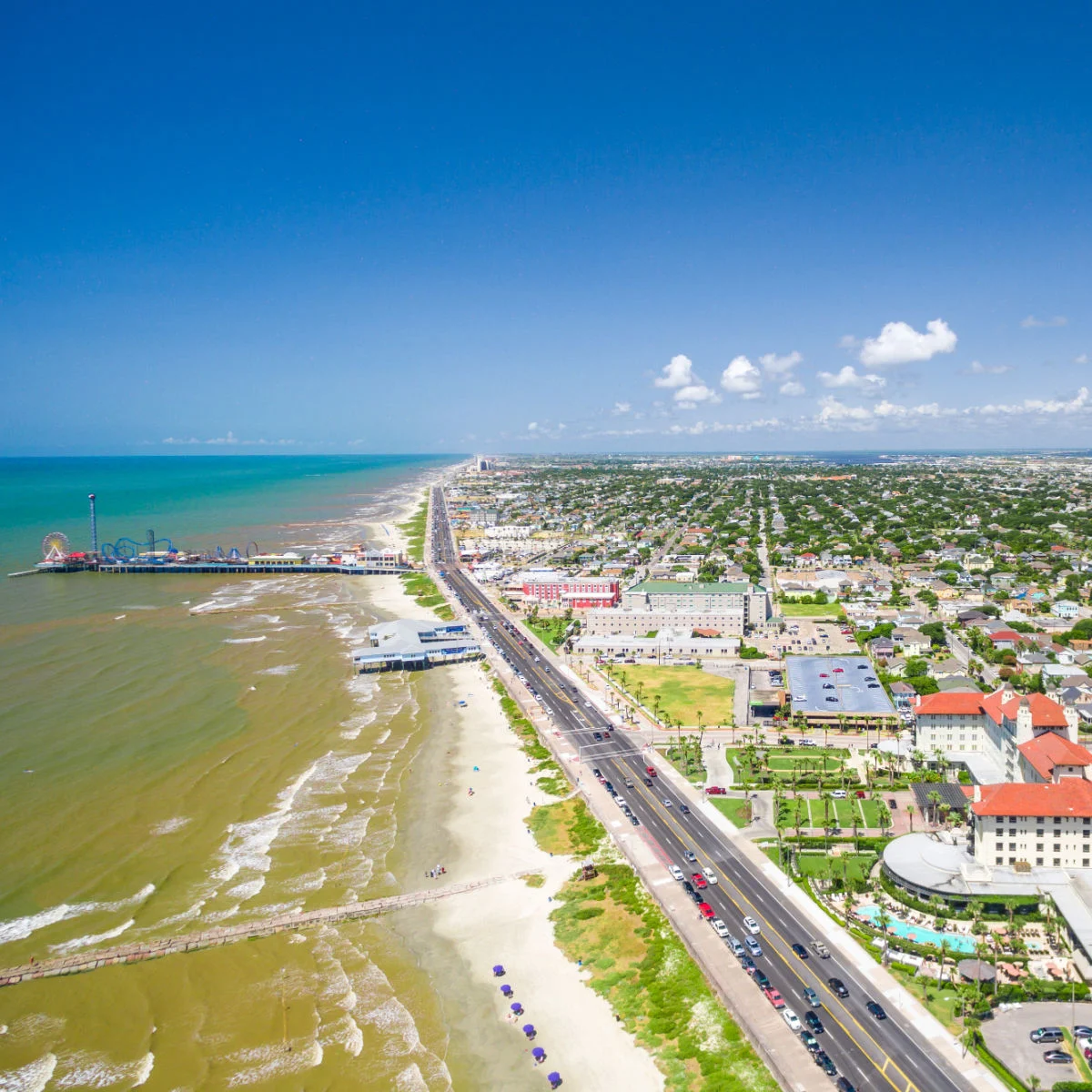 Aerial view of Galveston shoreline