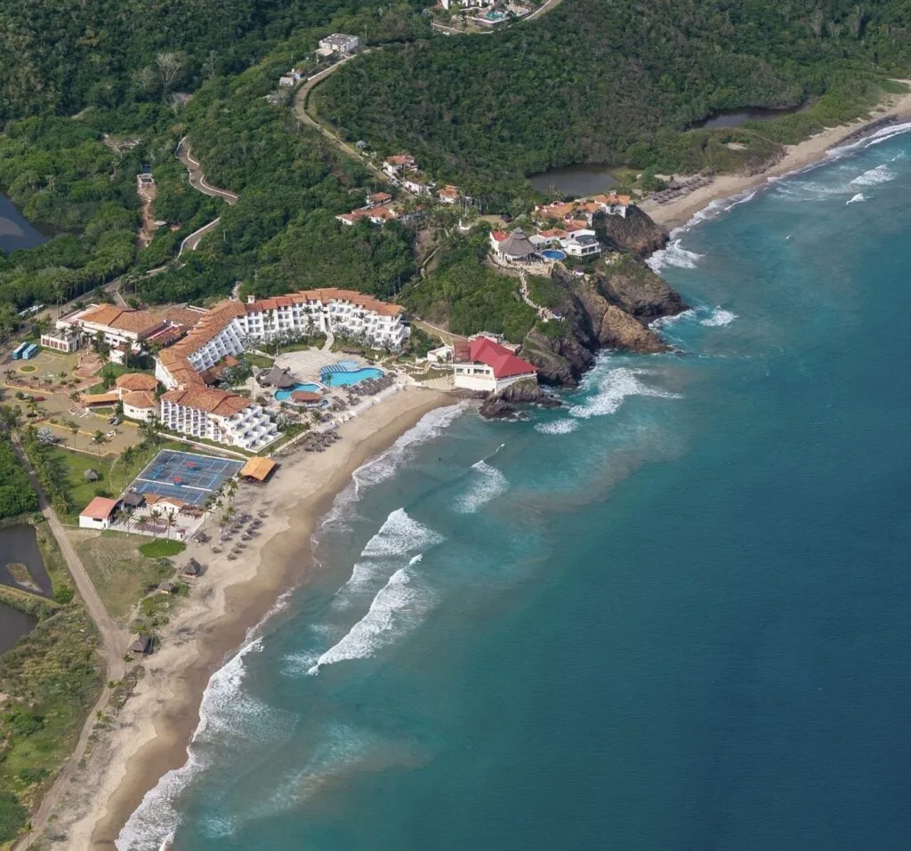 Aerial view of Tenacatita beach on the Jalisco coast,. La Huerta, Jalisco, Mexico. Costalegre