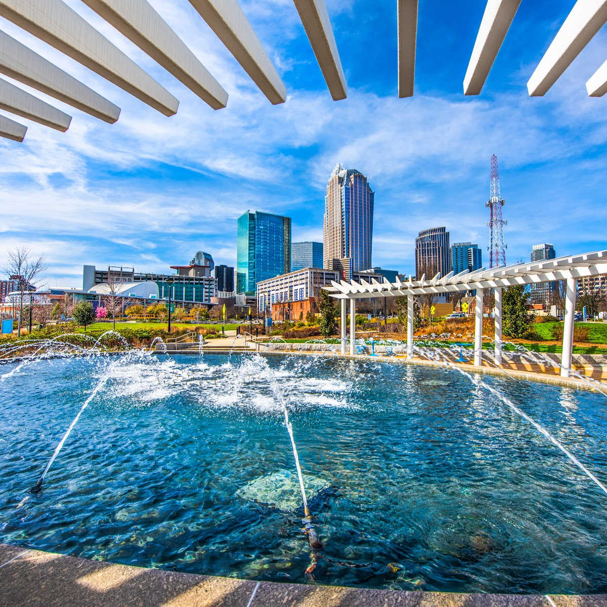 Charlotte, North Carolina skyline from First Ward Park fountain