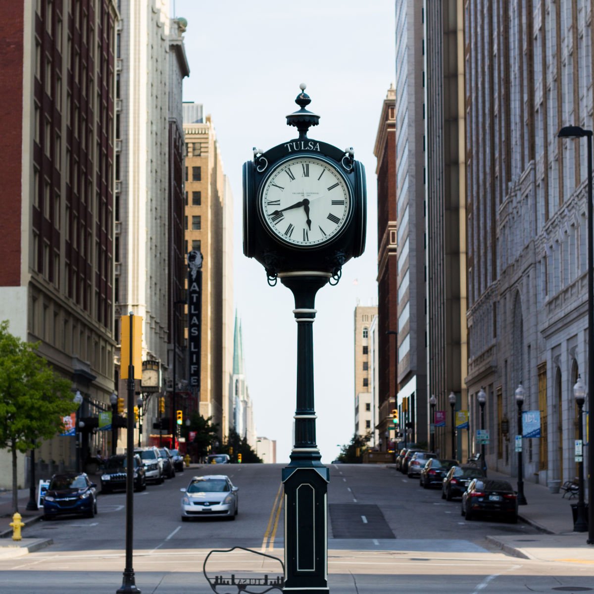 Clock in downtown Tulsa