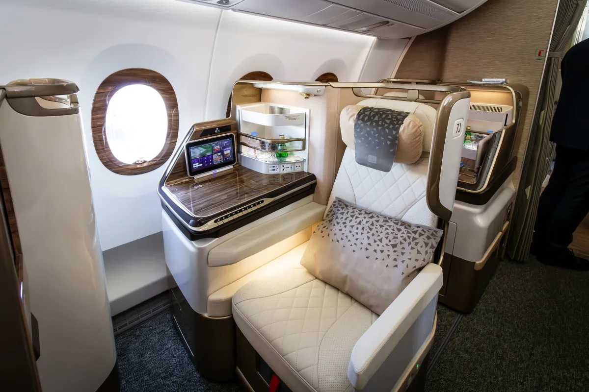 First Class seat in the Emirates Airbus A350 aircraft at the Paris Air Show. Le Bourget, France