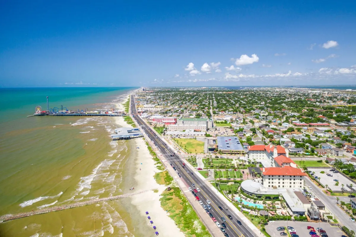 Aerial view of Galveston shoreline