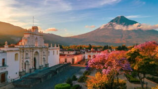 Mountain view from historic plaza in Antigua, Guatamala