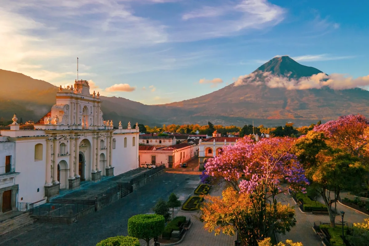Mountain view from historic plaza in Antigua, Guatamala