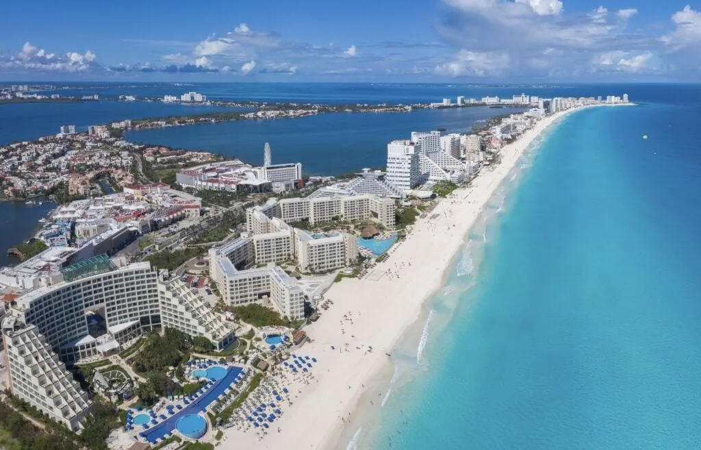 The classic Cancun hotel zone with white sand beach and turquoise waters