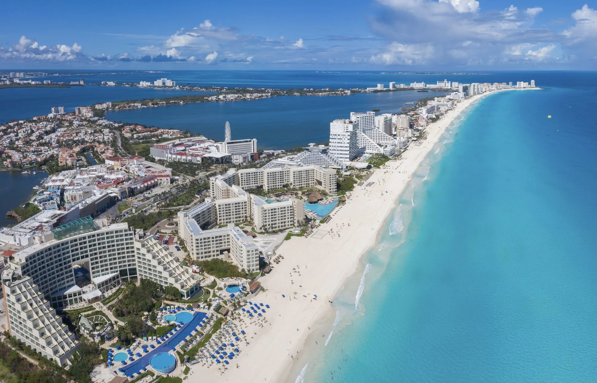 The classic Cancun hotel zone with white sand beach and turquoise waters
