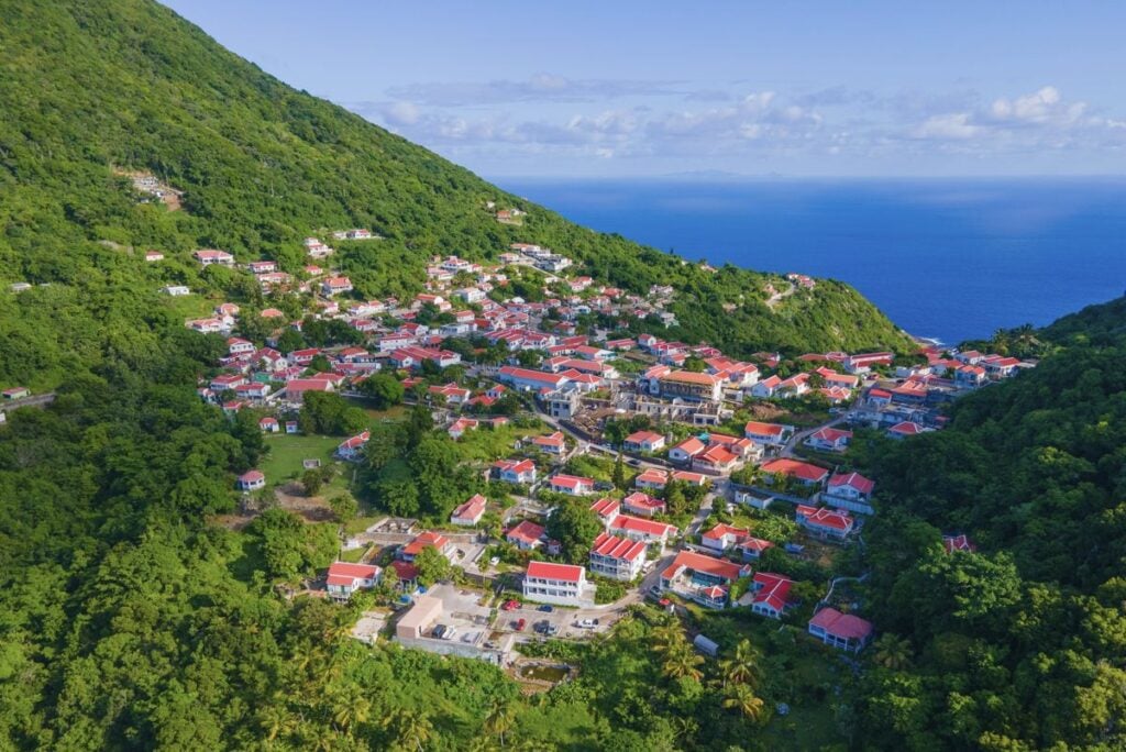 Windwardside historic town center aerial view in Saba, Caribbean