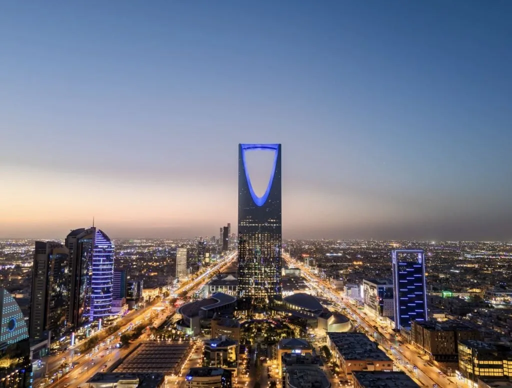 Aerial Drone Photo of Riyadh, Saudi Arabia's Kingdom Centre Tower and Cityscape at Dusk