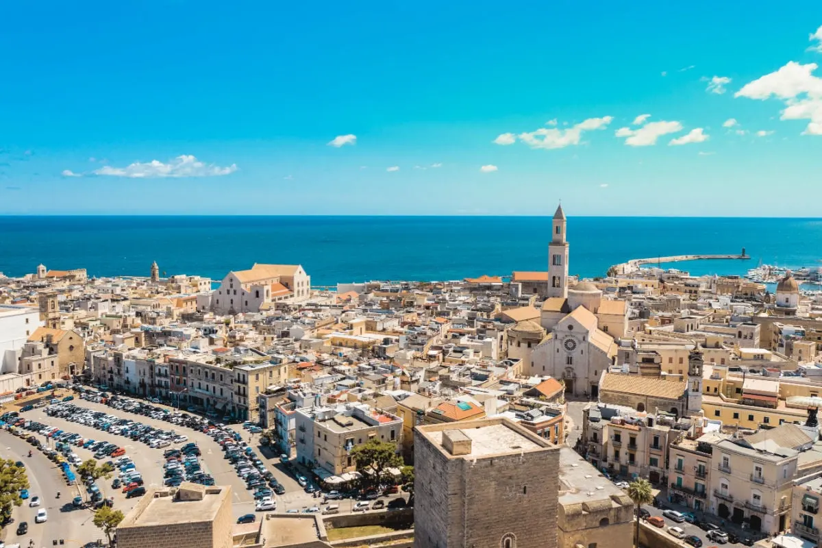 Aerial view of Bari old town. On the left there is Bari Cathedral (Saint Sabino), on the left there is San Nicola Basilica, Bari second Cathedral. These churches were built during middle ages.