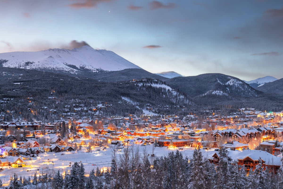 Breckenridge, Colorado, USA town skyline in winter at dawn.