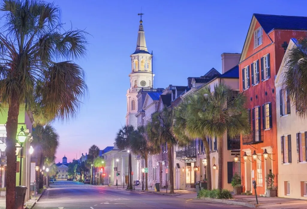 Charleston, South Carolina, USA in the French Quarter at twilight.