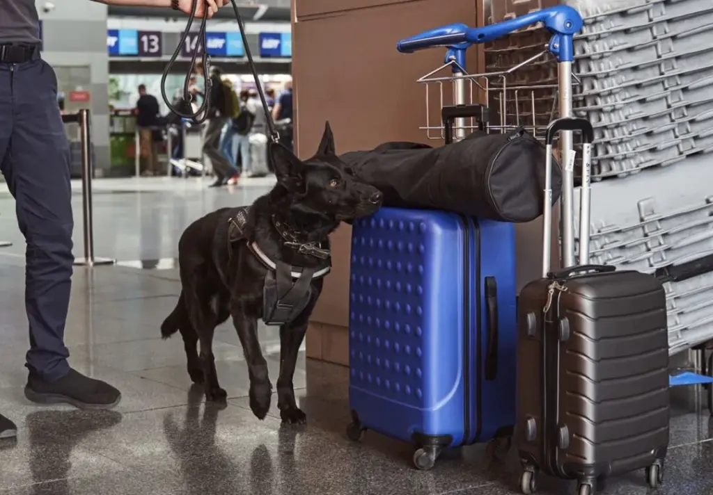 Dog inspecting bag at airport