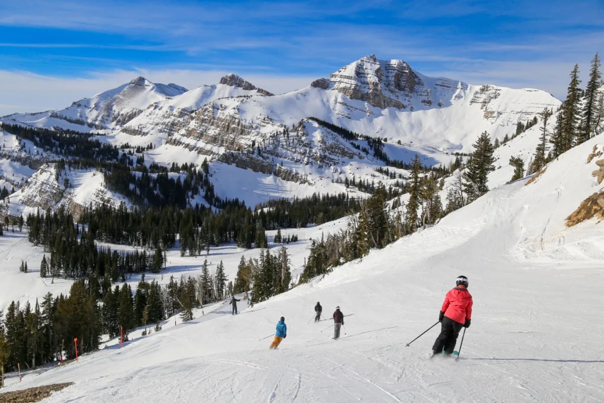 Downhill alpine skiing at Jackson Hole Mountain Resort in western Wyoming, USA