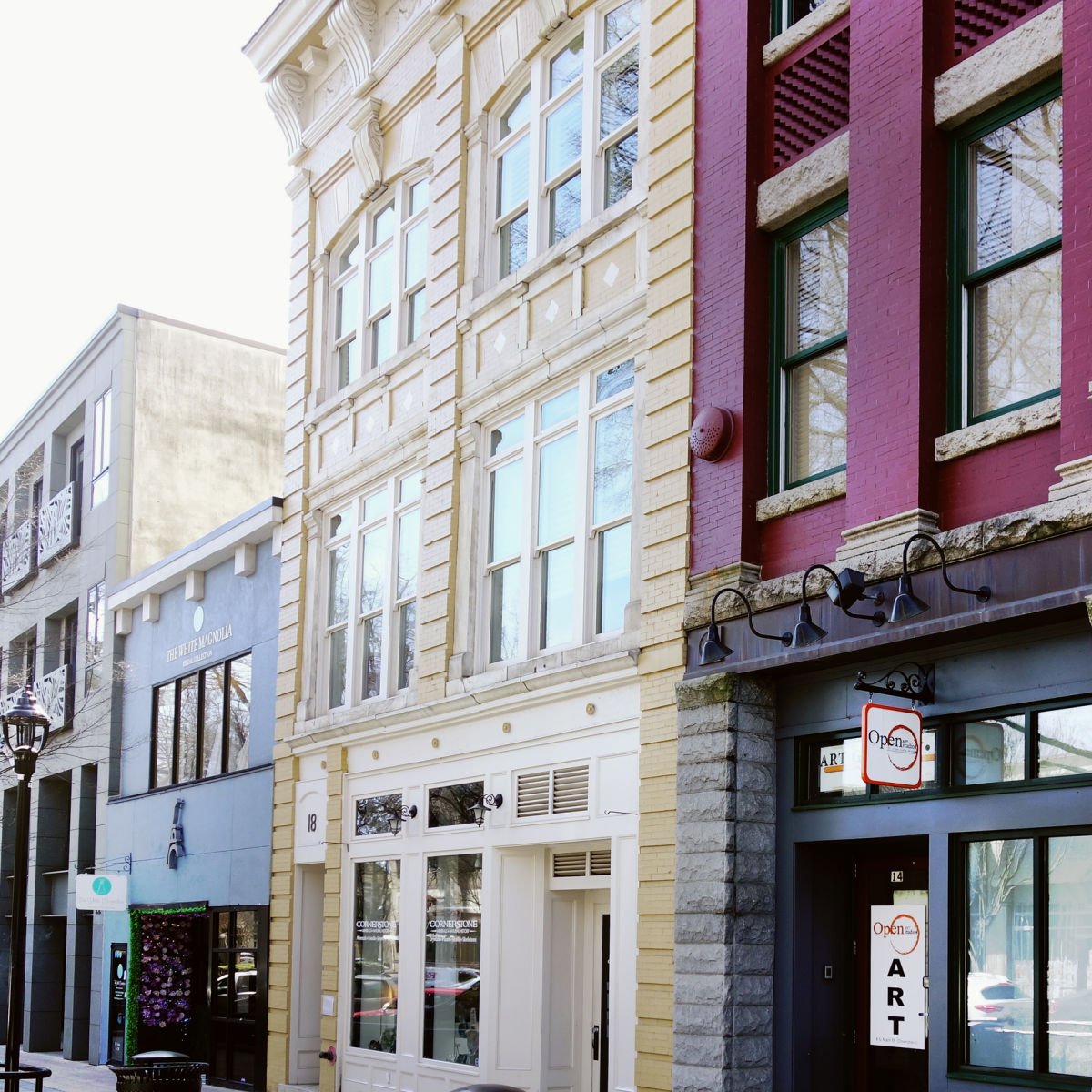 Historic row of colorful buildings in Greenville, SC
