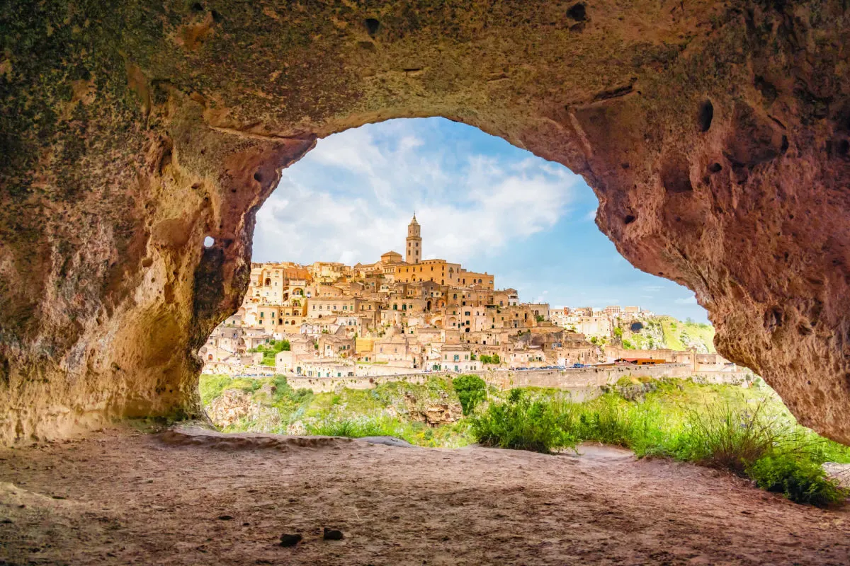 View of Matera, Italy through ancient cave