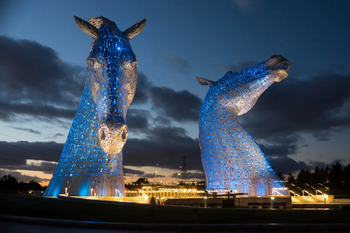 Horse Head Sculptures in Falkirk, Scotland at night