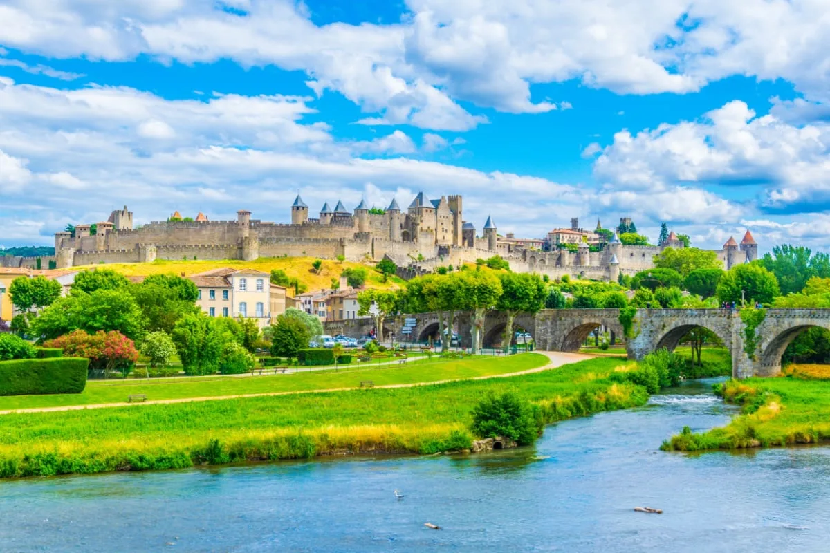 Old town of Carcassonne and pont vieux in France