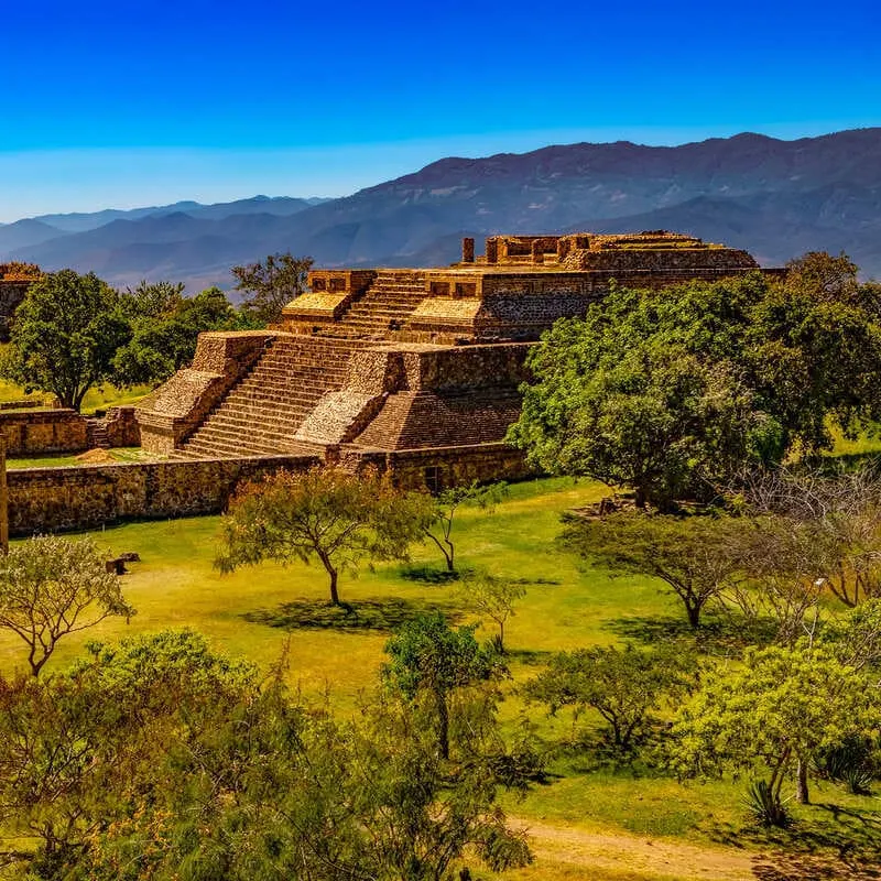 Panoramic View Of A Pyramid In Monte Alban Archaeological Zone, Near Oaxaca, Mexico