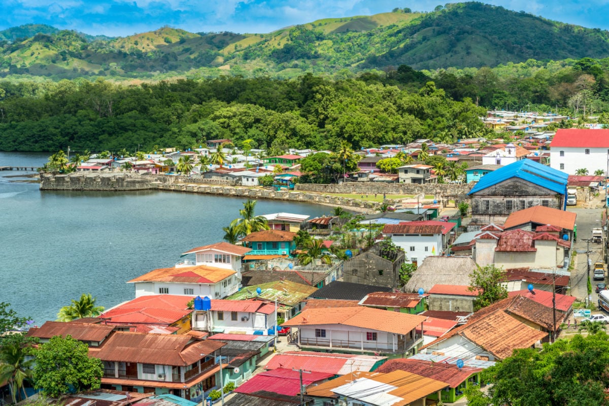 Portobelo, Panama Aerial view of Portobelo village with Fort Jeronimo defense walls as captured from the Peru Lookout Point in Portobelo, Panama.