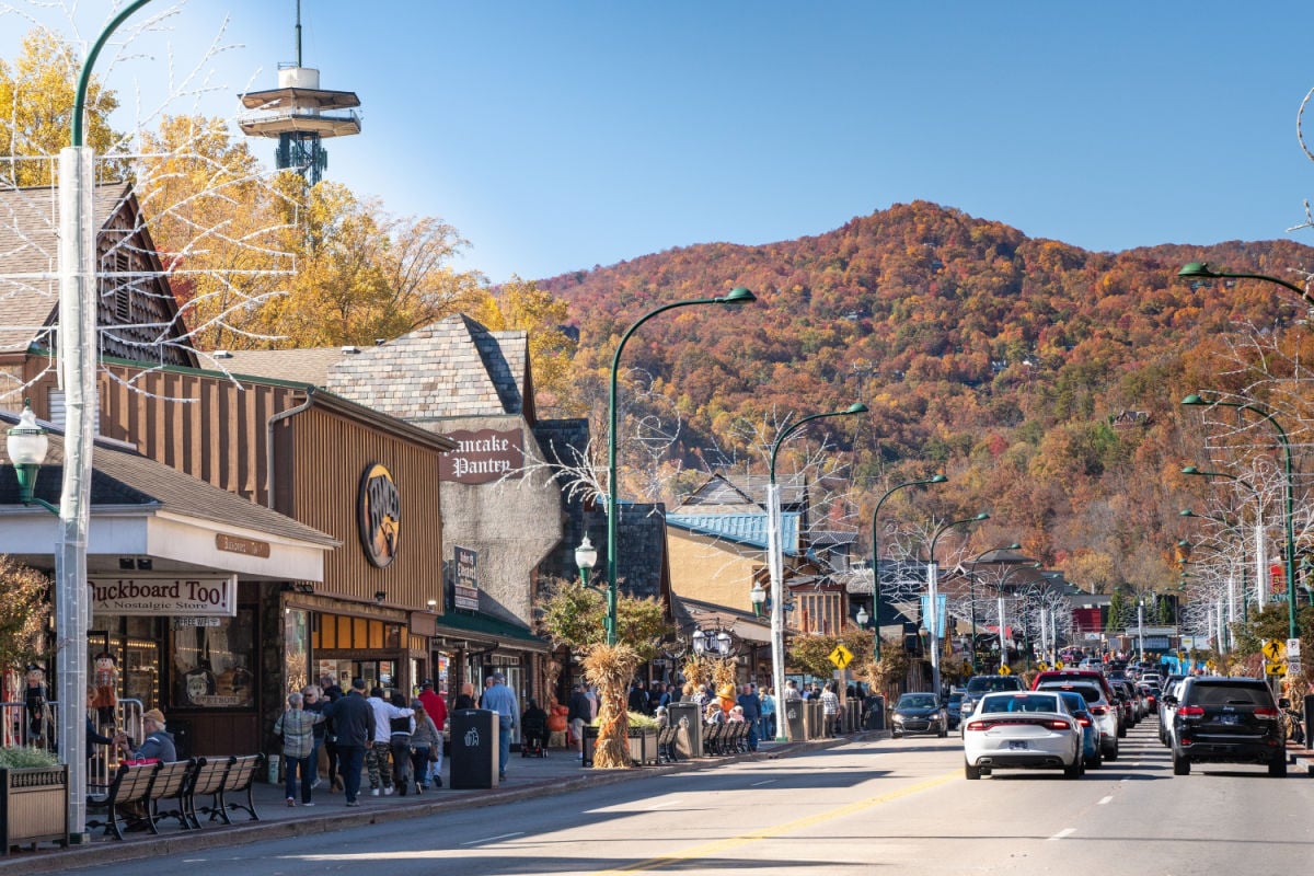 Street view of popular tourist city of Gatlinburg Tennessee in the Smoky Mountains with attractions in view