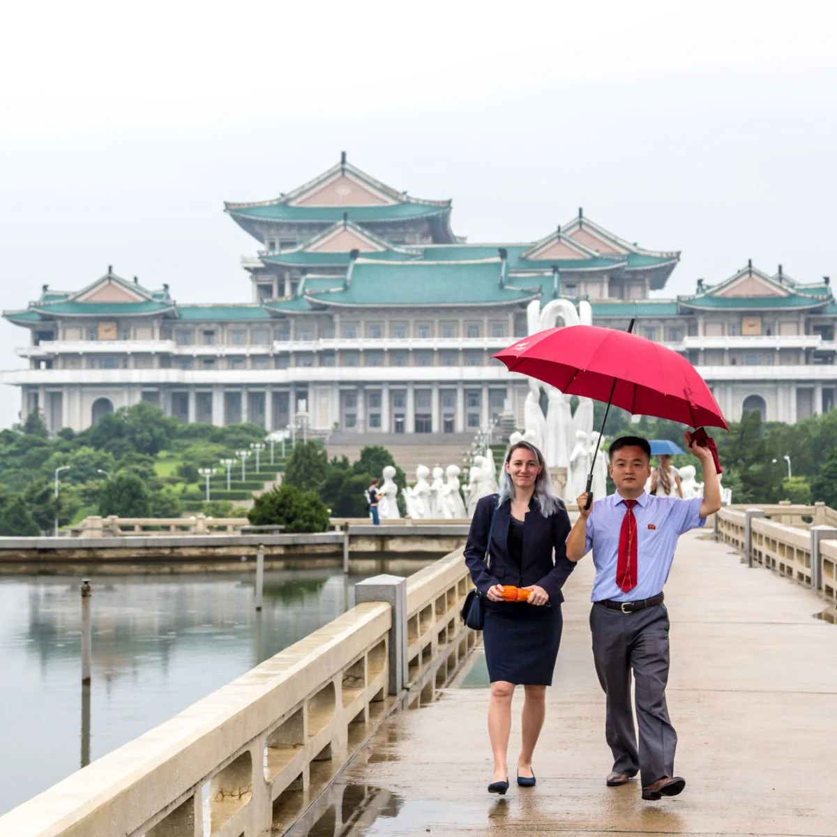 Tourists walking in downtown Pyongyang, North Korea