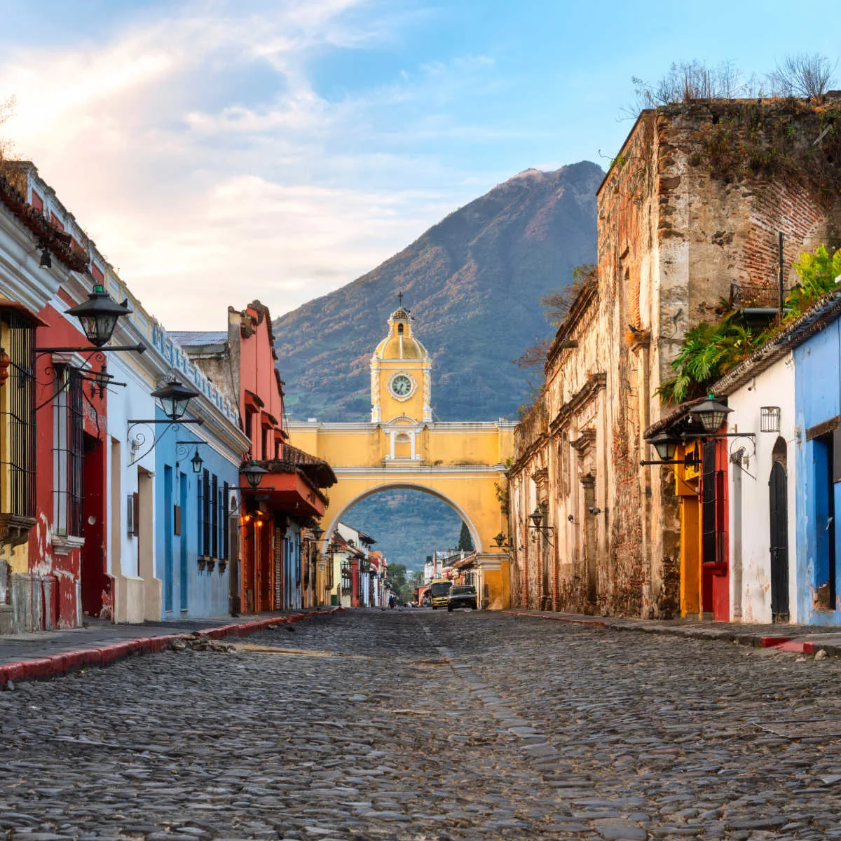Vivid photo of colorful cobbled street in Antigua, Guatemala