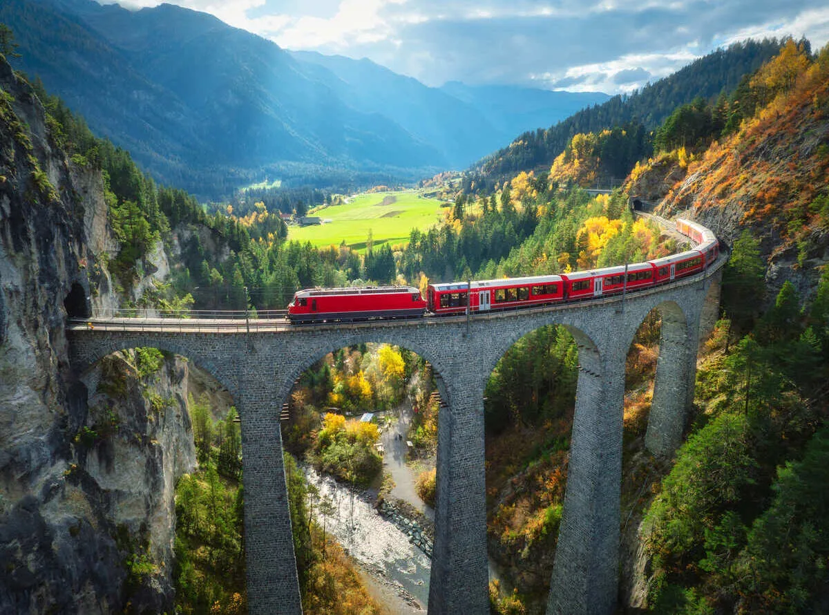 Aerial View Of A Heritage Train In Switzerland