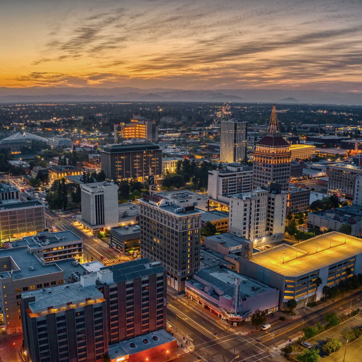 Aerial view of Fresno, CA skyline