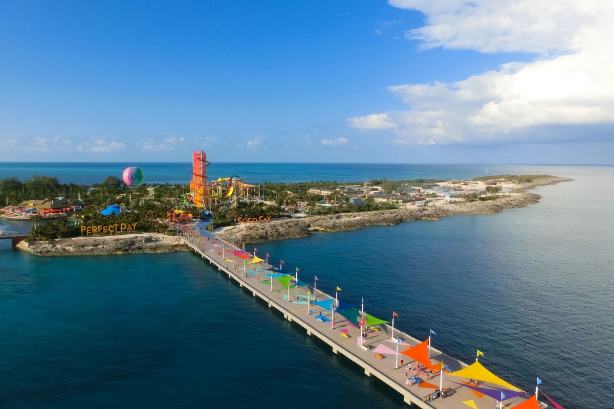 An aerial view of Cococay, the private island post that's owned by the Royal Caribbean cruise line where guests can spend the day having fun