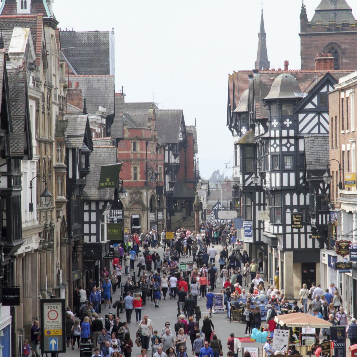 Black and white townscape of Chester, UK