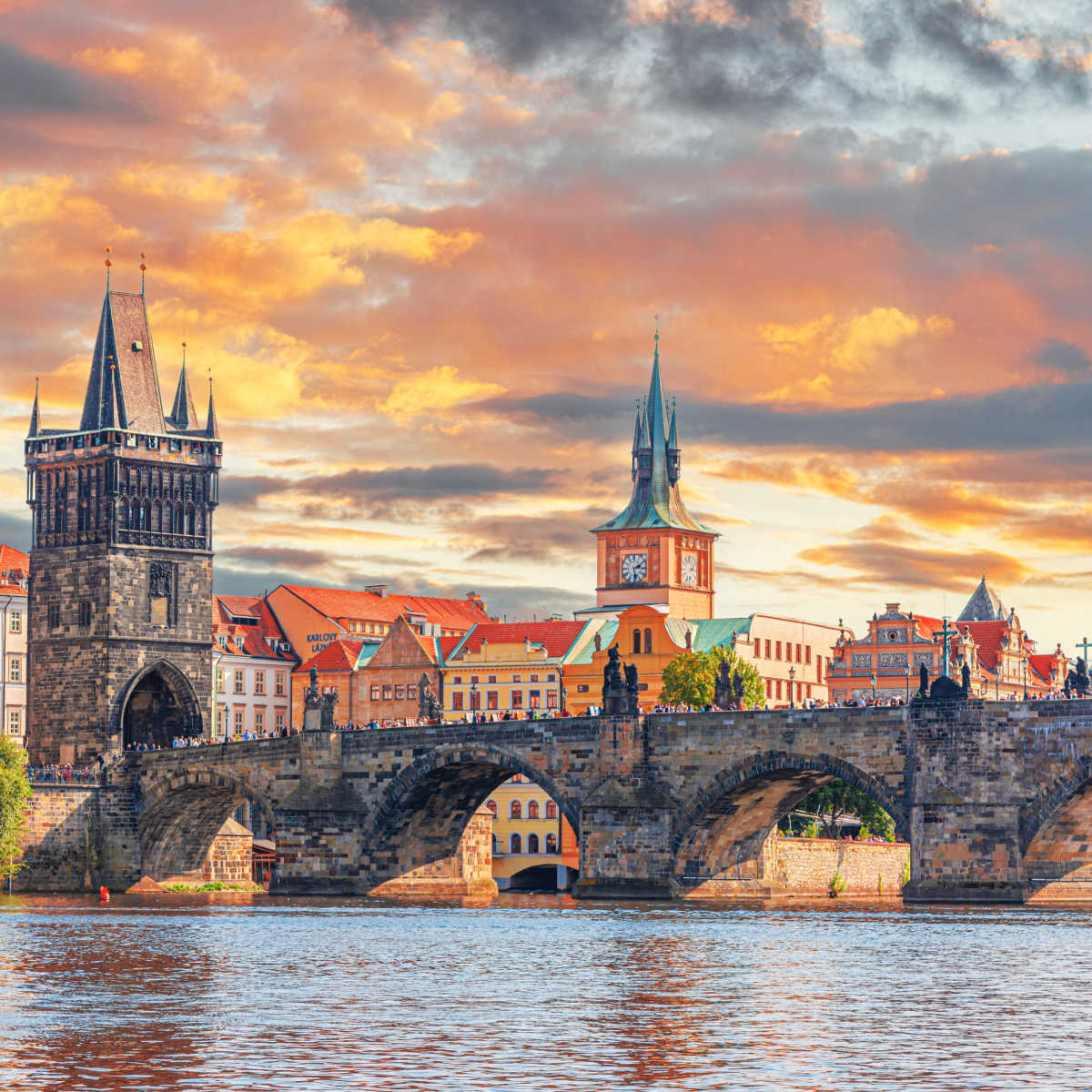 Historic cityscape of Prague along river