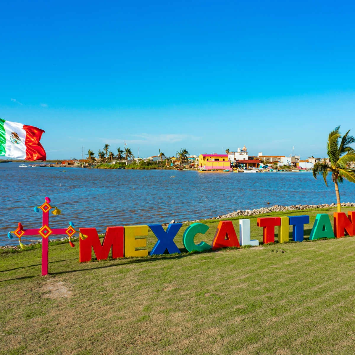 Mexcaltitan sign with Mexico flag
