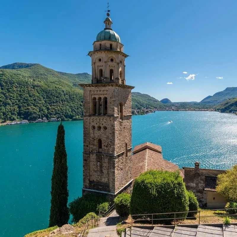 মরকট গ্রামের সুরম্য বেল টাওয়ার, লেক লুগানো, সুইজারল্যান্ড