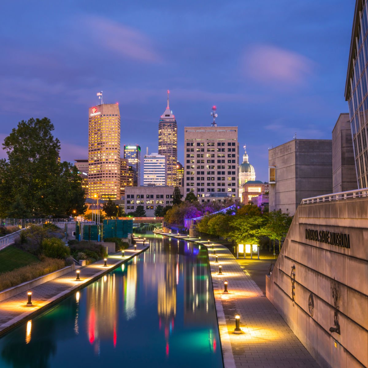 Riverwalk in Indianapolis at night