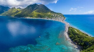 Scotts Head, Dominica, West Indies. On the left side is the Caribbean Sea, on right side - Atlantic Ocean.