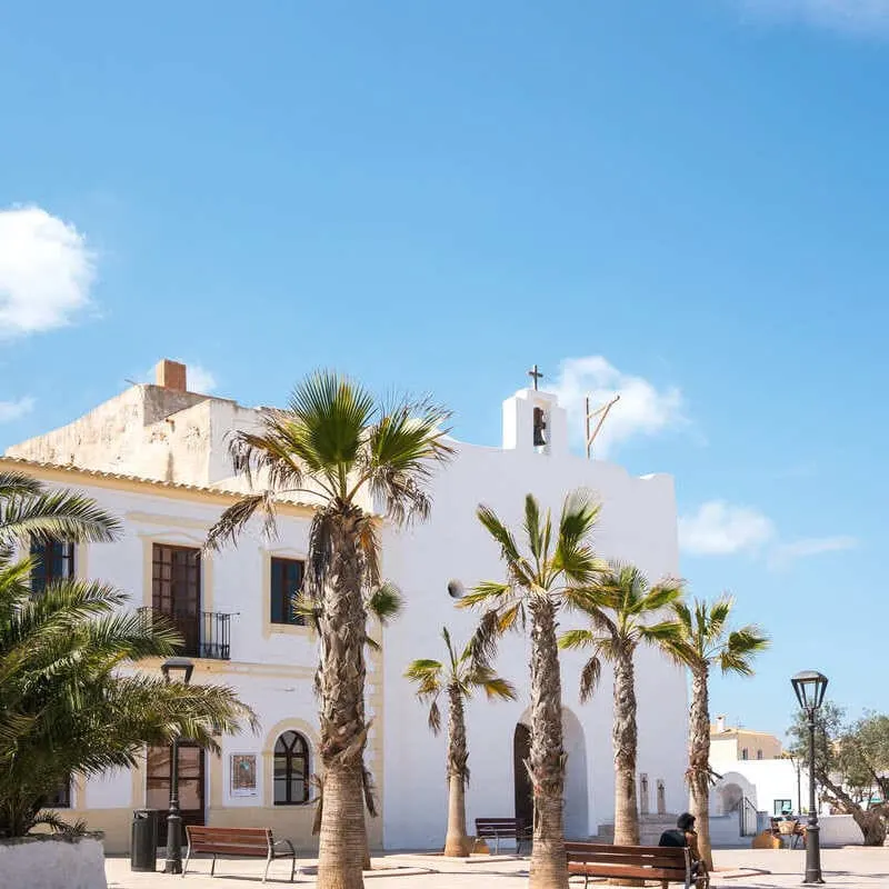 Whitewashed Cubic Church In Sant Francisc Xavier, Formentera, Balearic Islands, Spain