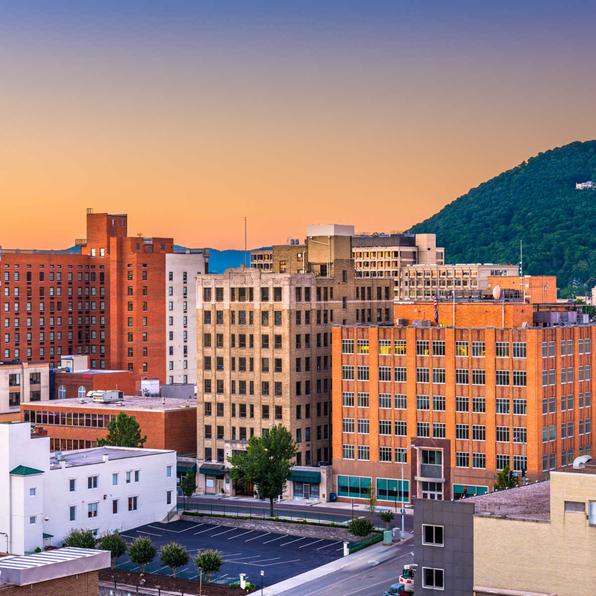 Downtown Roanoke, VA with mountain backdrop