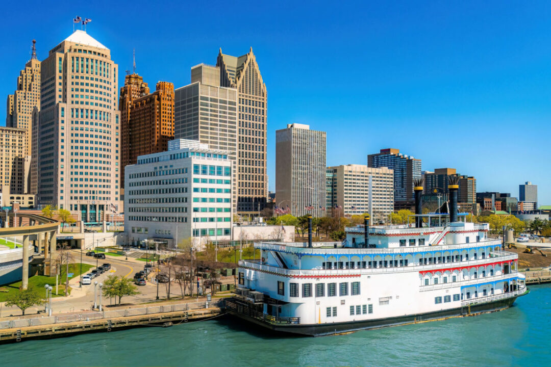 Hart Plaza in downtown Detroit, Michigan, featuring the skyline of ...