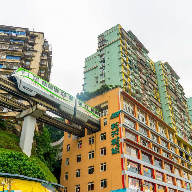 Iconic Metro Line Going Through A Building In Chongqing, China