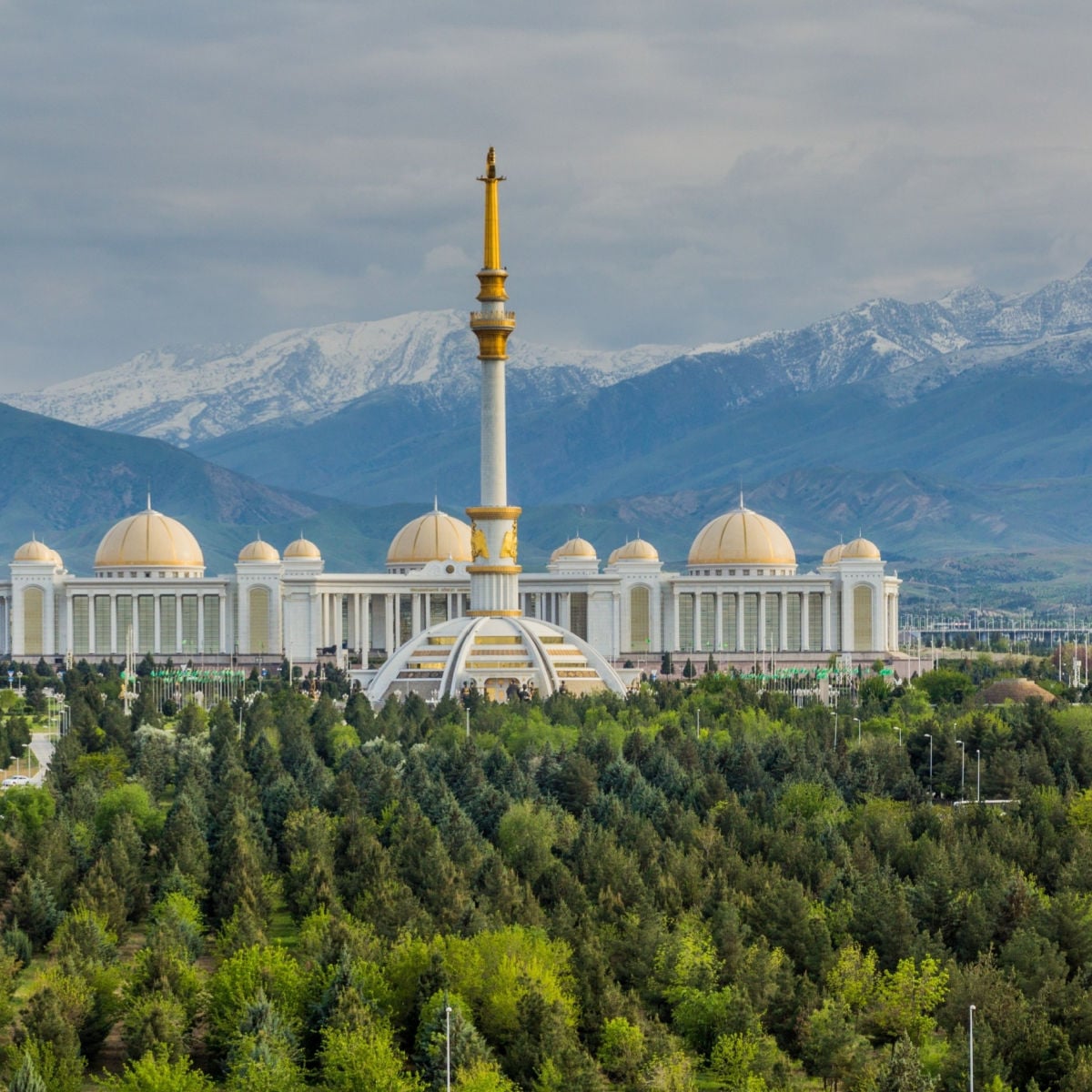 Independence monument and National Library in Ashgabat, Turkmenistan