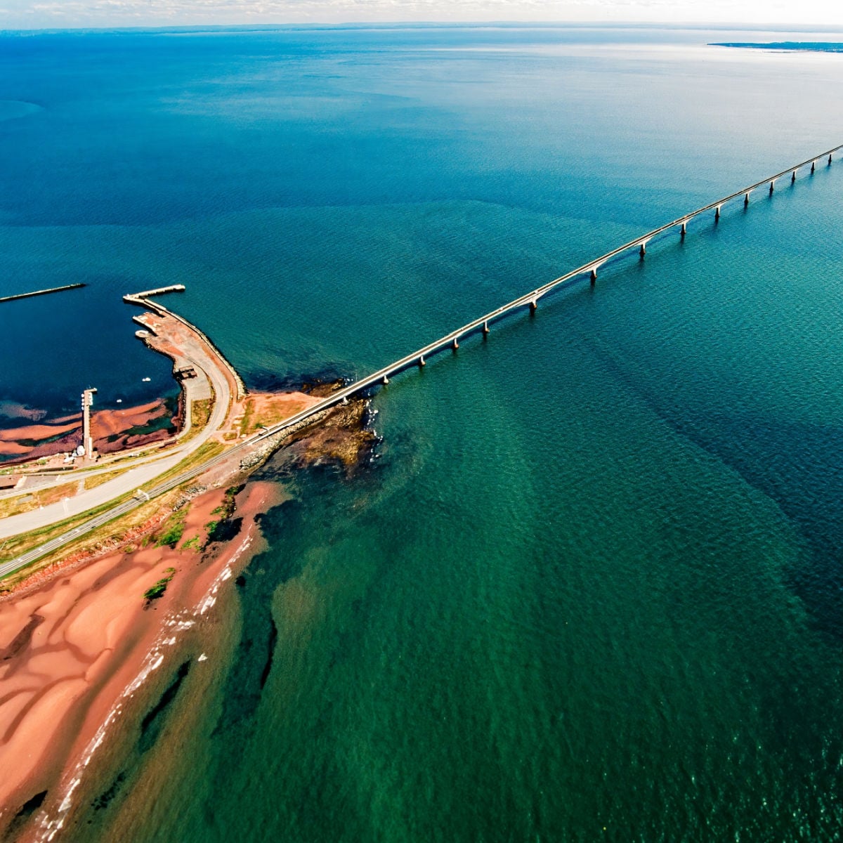 Red-sand shoreline near Confederation Bridge, PEI, Canada