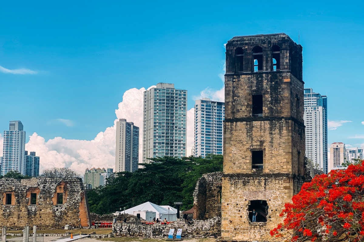 Ruins backdropped by modern skyline - Panama City, Panama